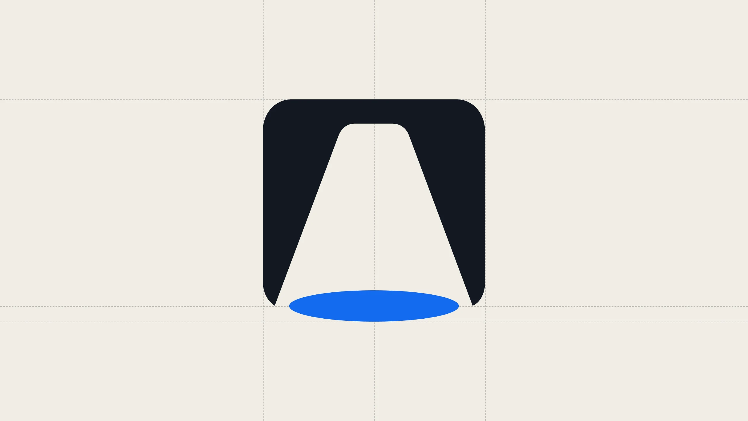 The Bama mark, a dark slide with a beam of light landing on a blue ellipse, with construction lines.