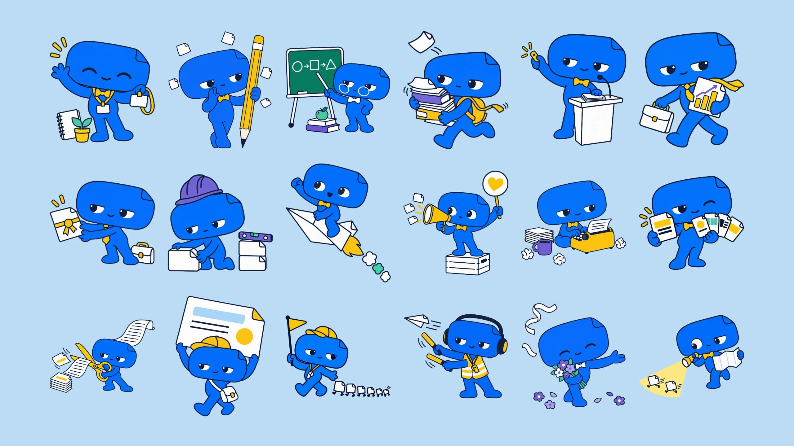All eighteen drawings of Bami, a blue character with a slide for a head.