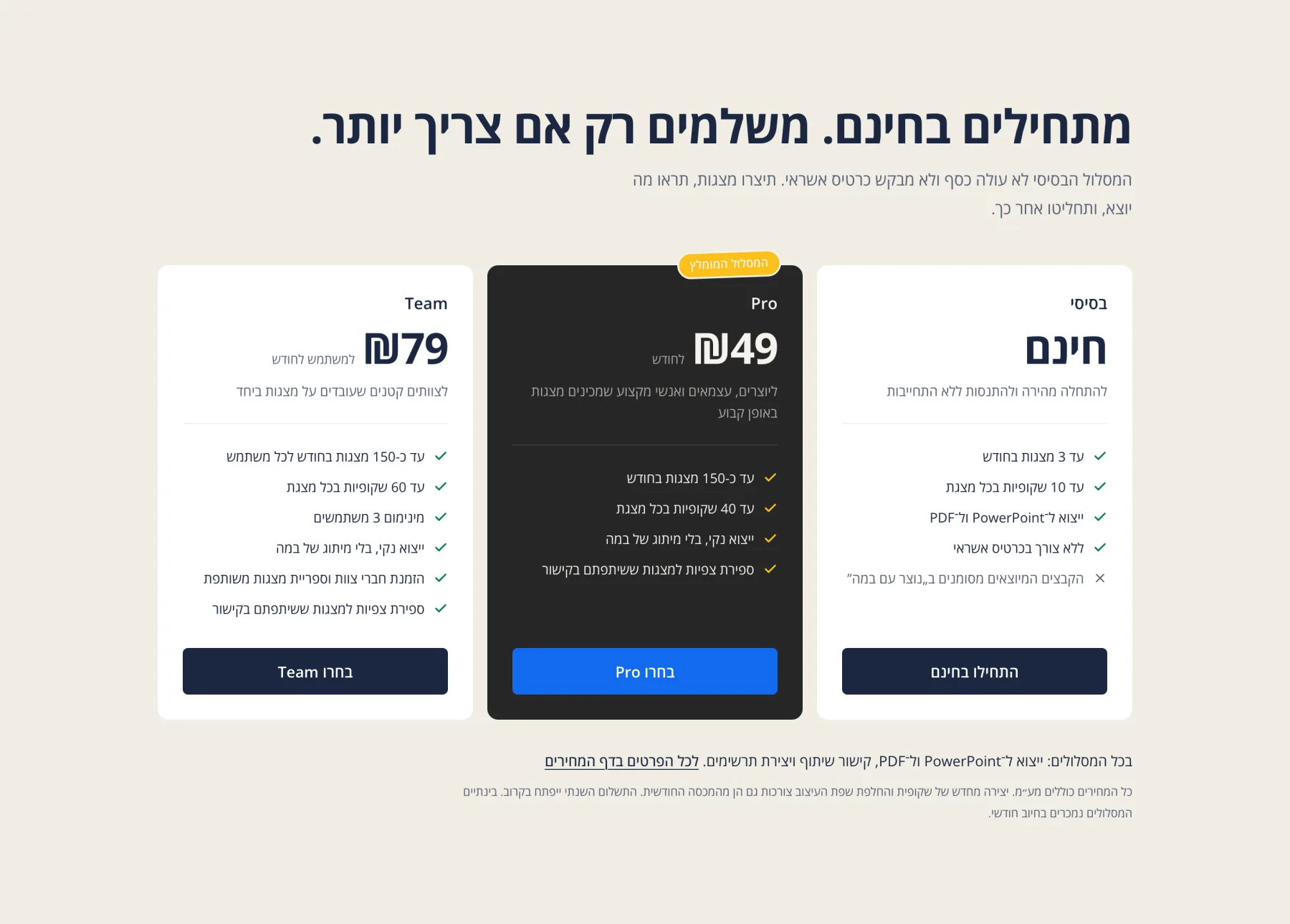 The landing page’s prices on cream: three plans, Basic, Pro and Team, the middle one dark.