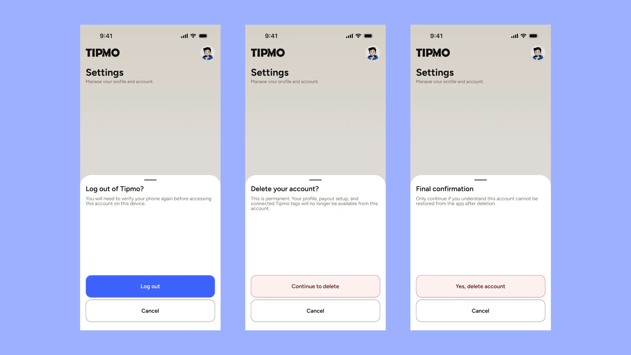Three settings sheets on lilac: Log out of Tipmo?, Delete your account? and Final confirmation, each with a red action and Cancel.