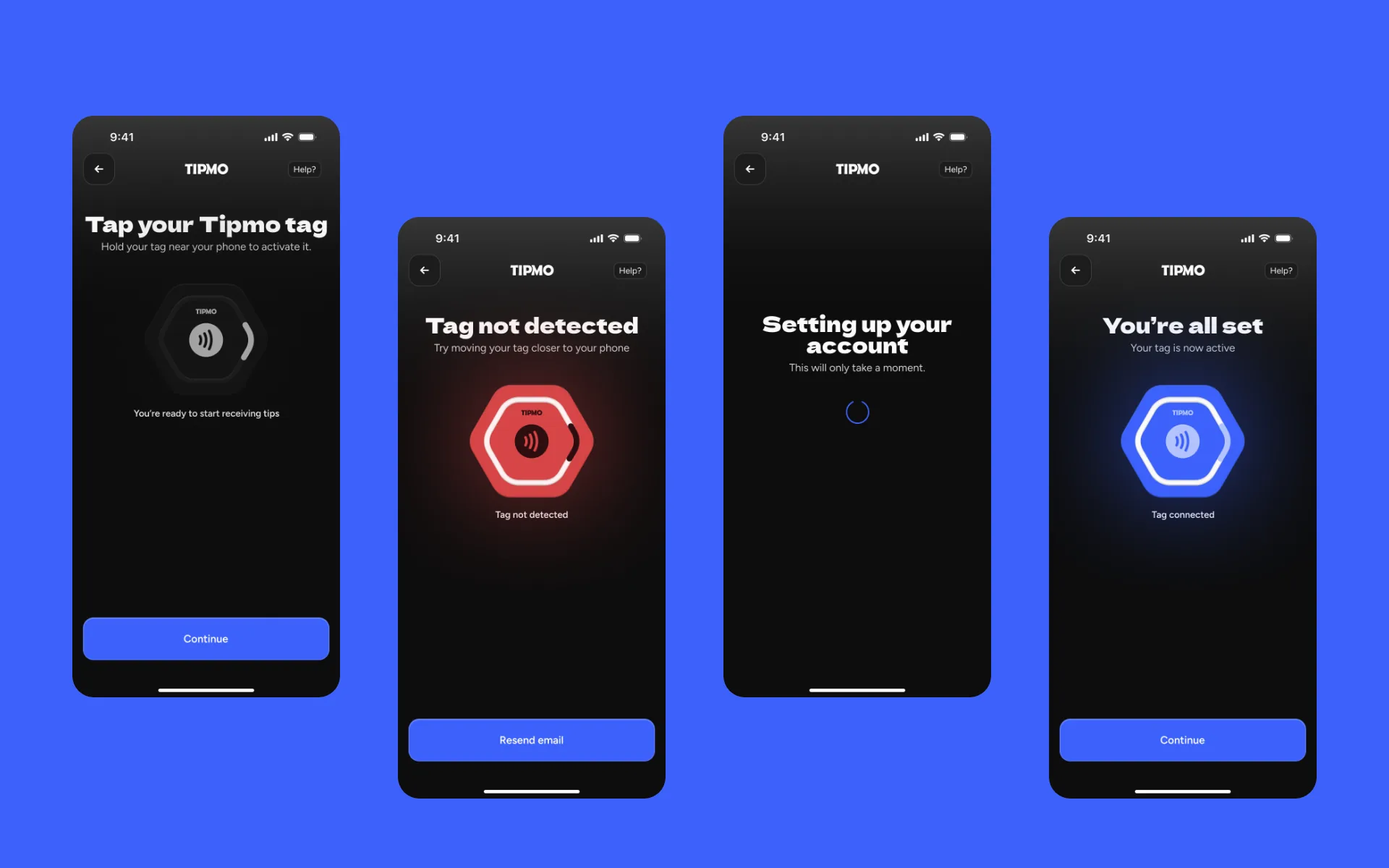Activating a tag on blue: Tap your Tipmo tag, Tag not detected in red, Setting up your account, and You’re all set in blue.