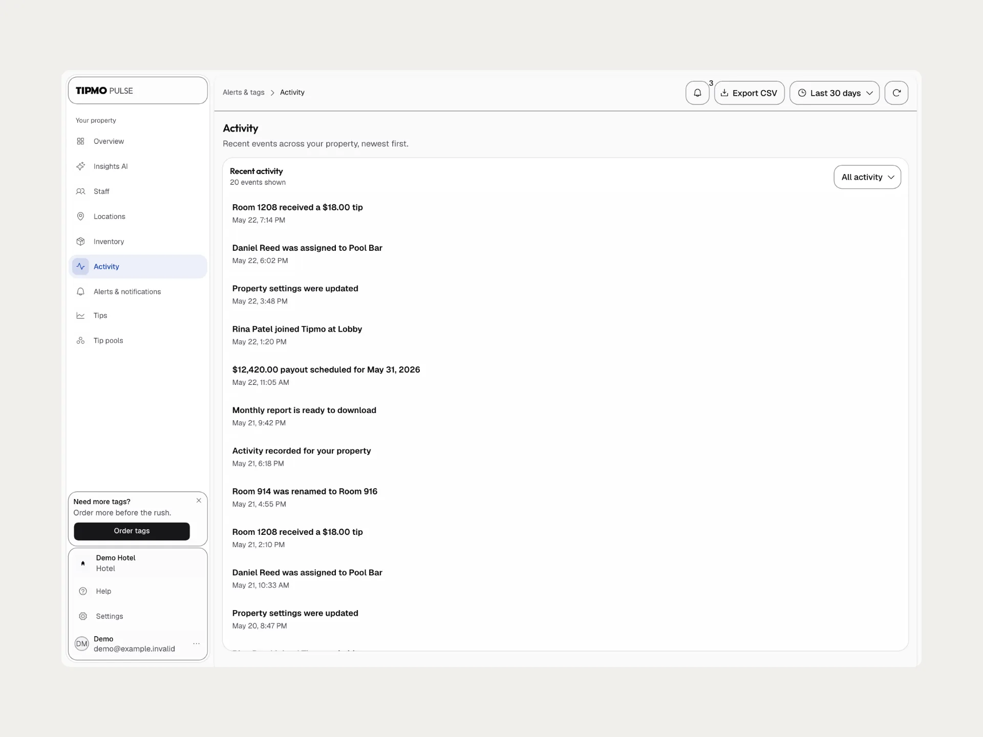 Activity on cream: new tips, a staff assignment, settings updated, a scheduled payout and a renamed room, newest first.