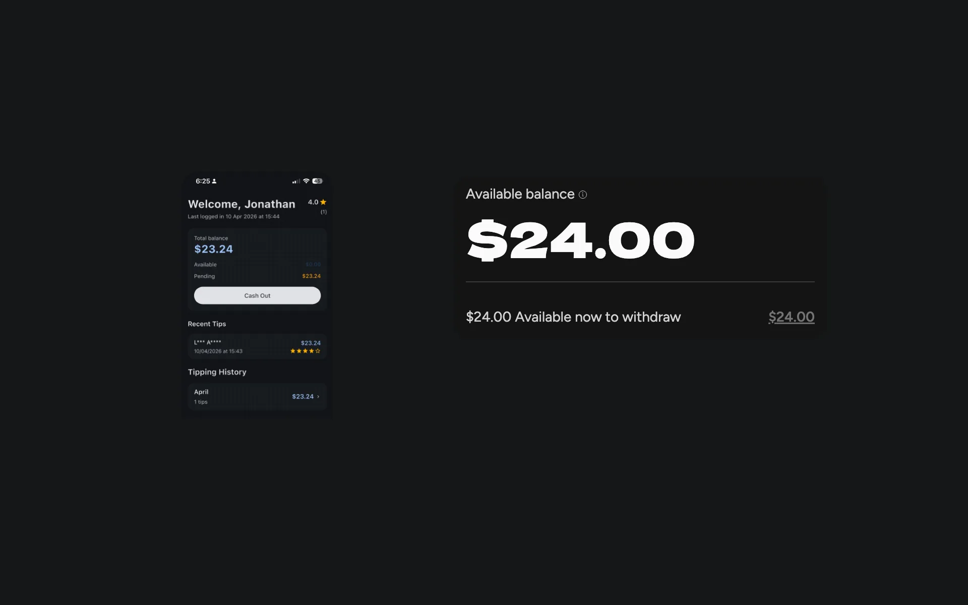 On black: the earlier home screen, a greeting over a small balance, beside the redesigned balance, $24.00 in large type.
