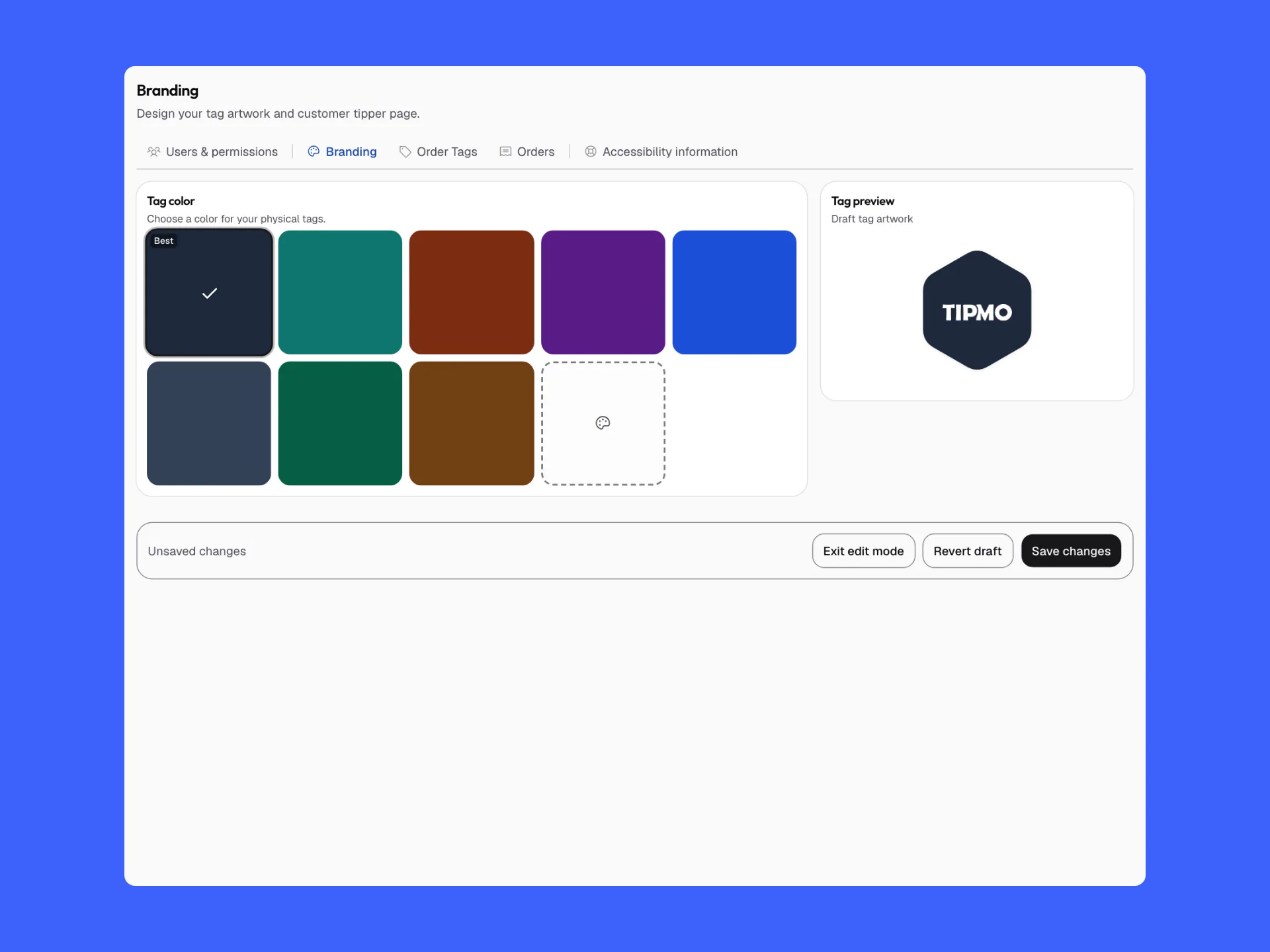 The tag color picker on blue: a grid of colors with one picked, beside a preview of the hexagonal Tipmo tag.