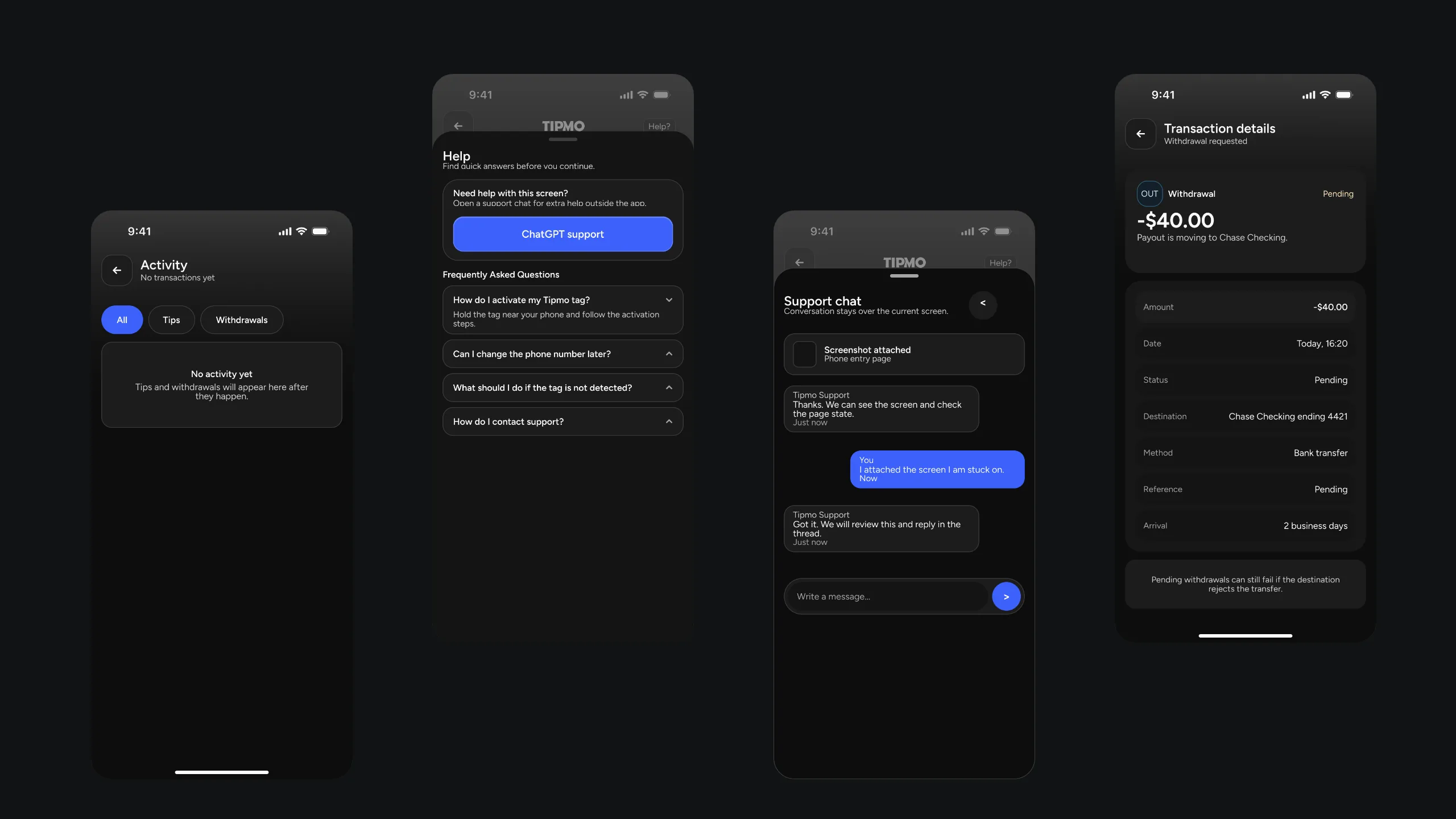 Three of the worker’s screens on black: an empty activity list, the help sheet with a chat, and a pending withdrawal’s details.