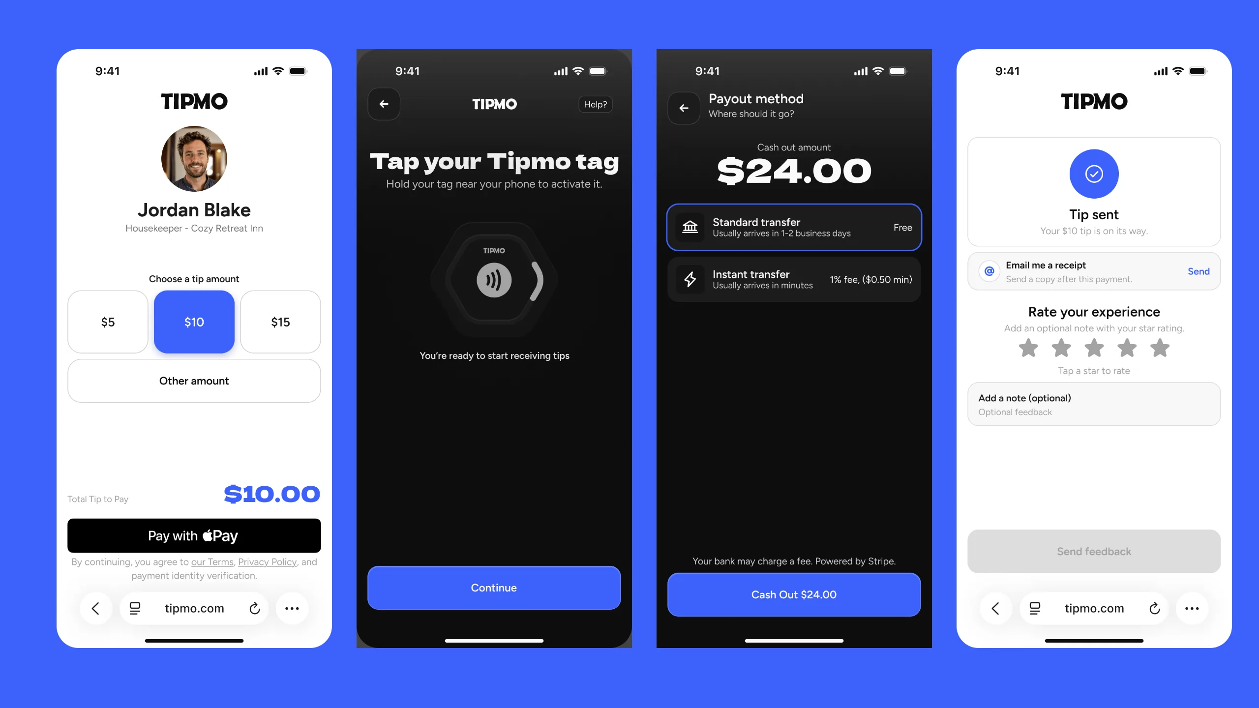 Four screens on Tipmo’s blue: the guest’s tip page with Jordan Blake’s photo and $10 picked, the worker’s Tap your Tipmo tag, the payout method with $24.00, and the guest’s Tip sent.