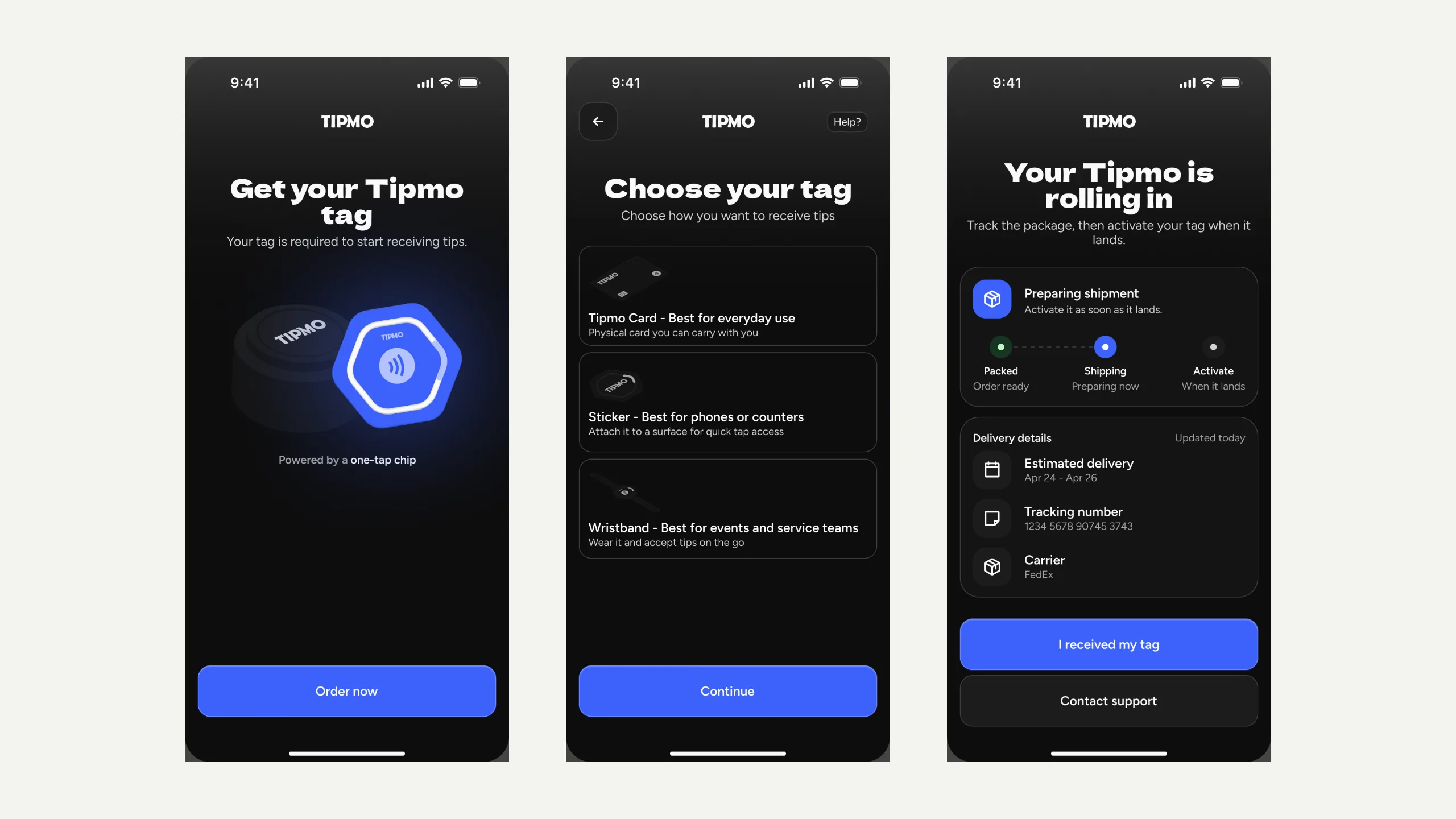 Ordering a tag on cream: Get your Tipmo tag, Choose your tag with a card, a sticker and a wristband, and Your Tipmo is rolling in with its delivery steps.