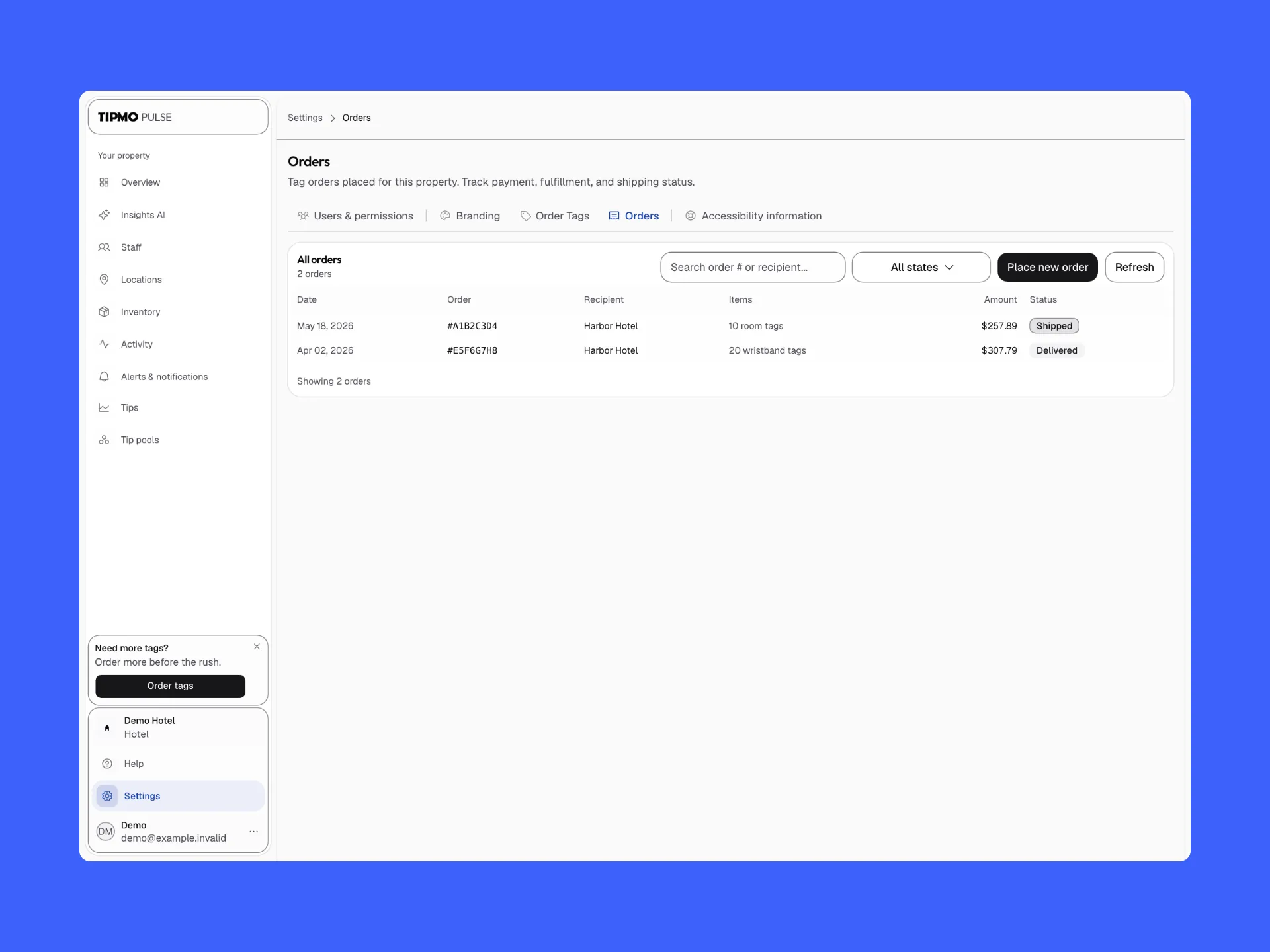 Orders on blue: two tag orders for Harbor Hotel, one Shipped and one Delivered.