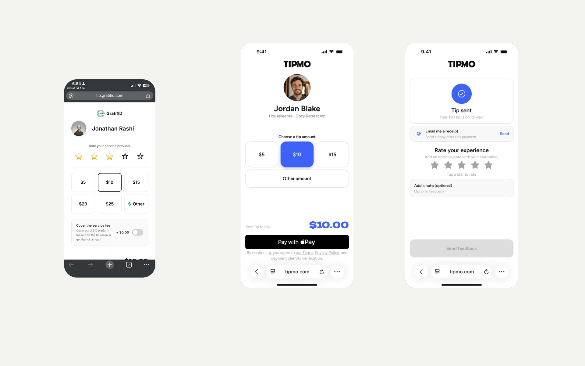On cream: the earlier checkout, with a rating, six amounts and a service-fee switch on one screen, beside the redesigned amount screen and the Tip sent screen.