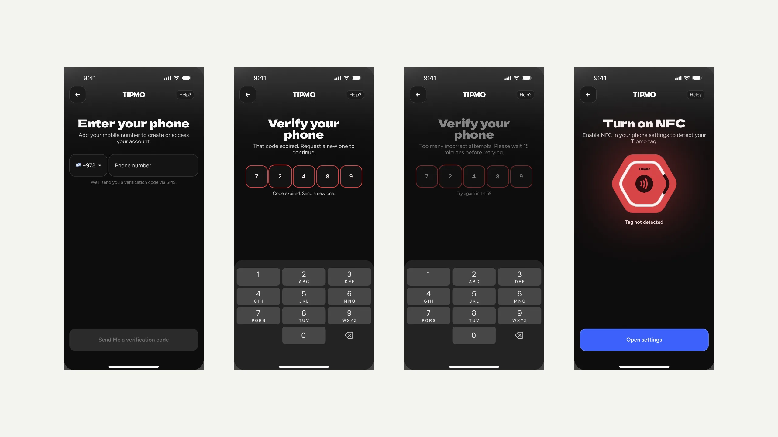 Four sign-in states on cream: Enter your phone, an expired code, too many attempts with the keypad dimmed, and Turn on NFC.
