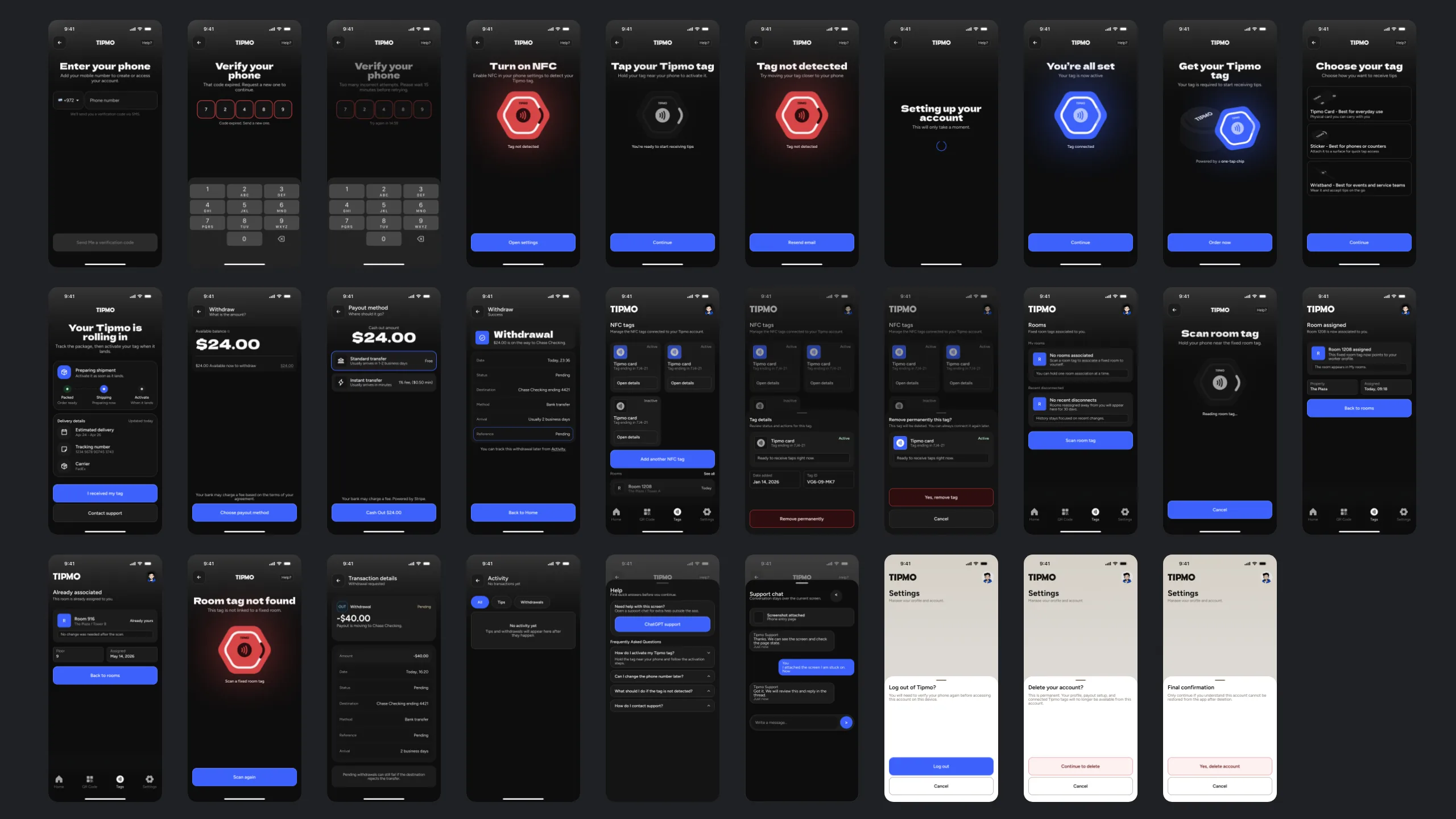 Twenty-nine of the worker’s and the guest’s screens in rows on black, from phone entry to settings.