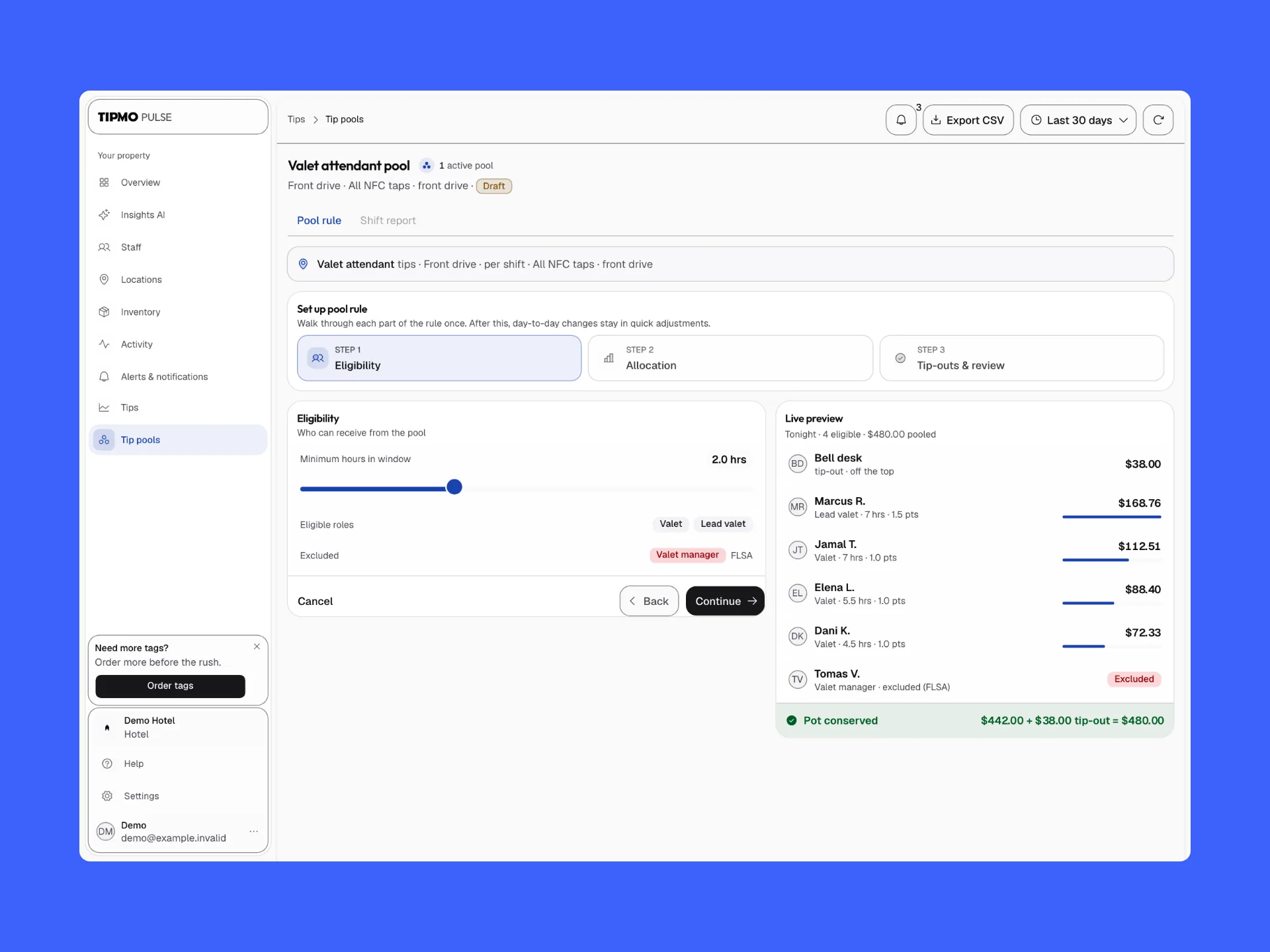 The valet attendant pool on blue at its first step, Eligibility: the minimum hours, the eligible roles and the valet manager excluded, beside the live preview.