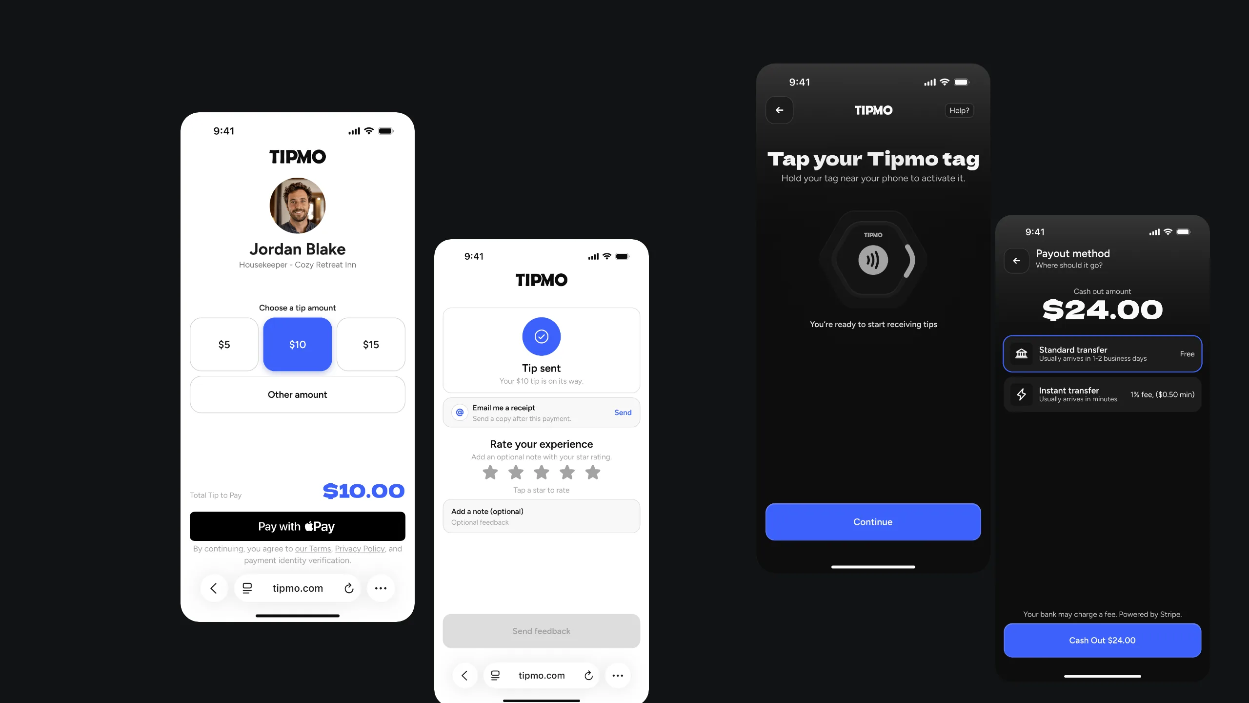 The two sides on black: the guest’s white tip page and its confirmation, beside the worker’s dark app asking to tap a tag and choosing a payout method.