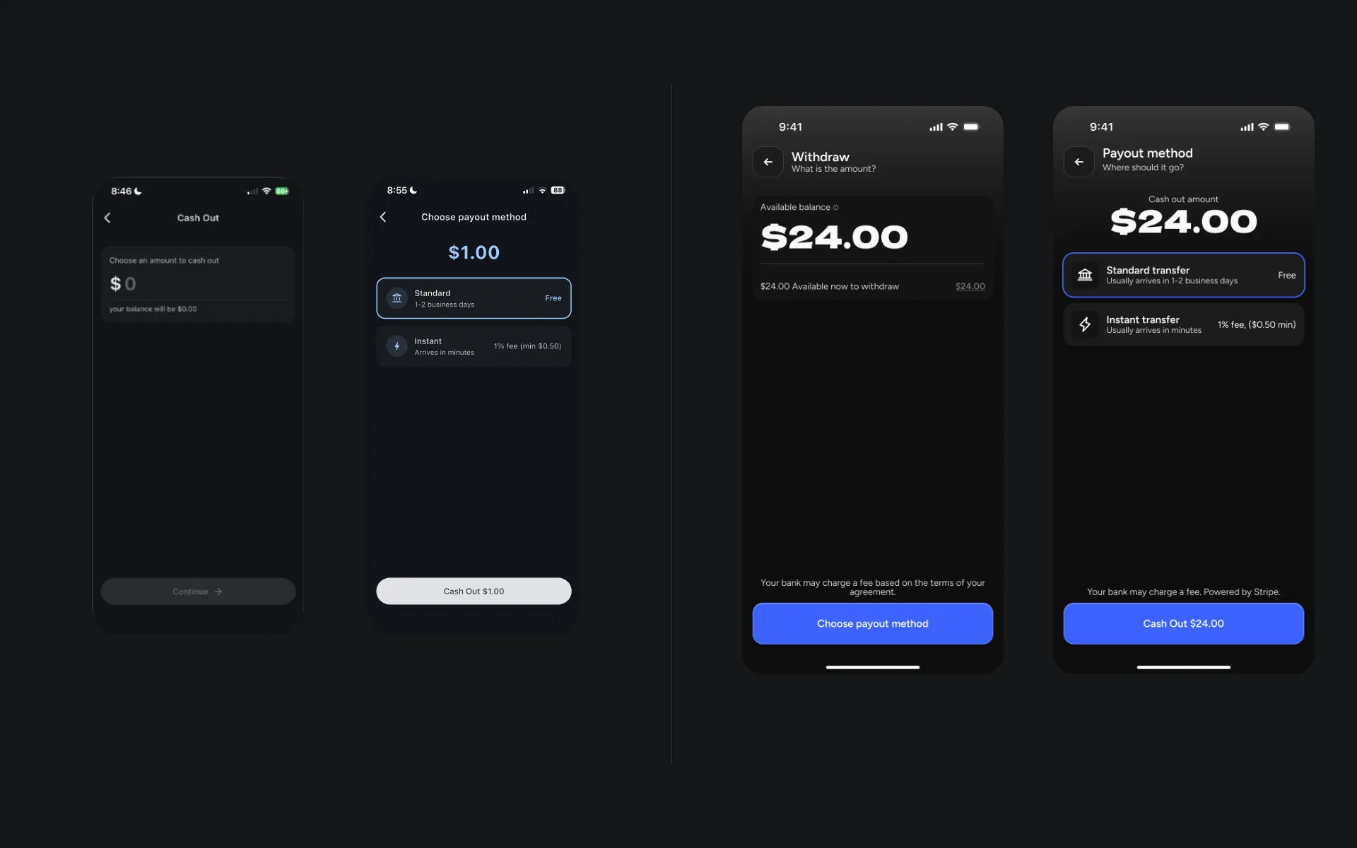 On black: the earlier cash-out screens, an empty amount and a method picker, beside the redesigned amount and payout method screens.