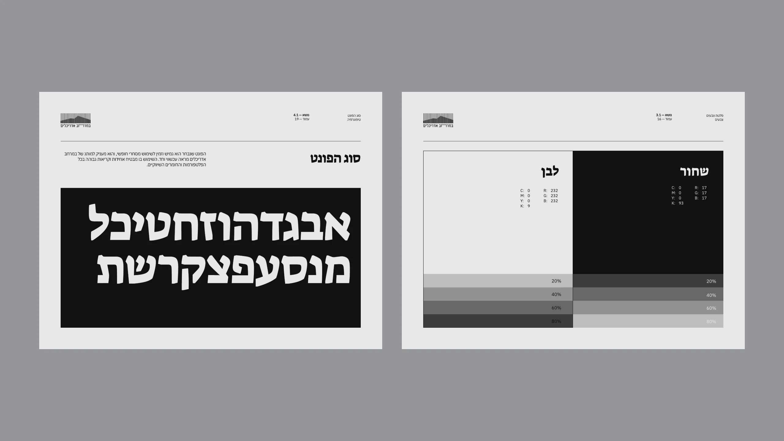 Two pages of the brand book: the palette, black #111 and light gray #e8e8e8 with their tints from 20 to 80 percent, and the typeface, IBM Plex Sans Hebrew set large.