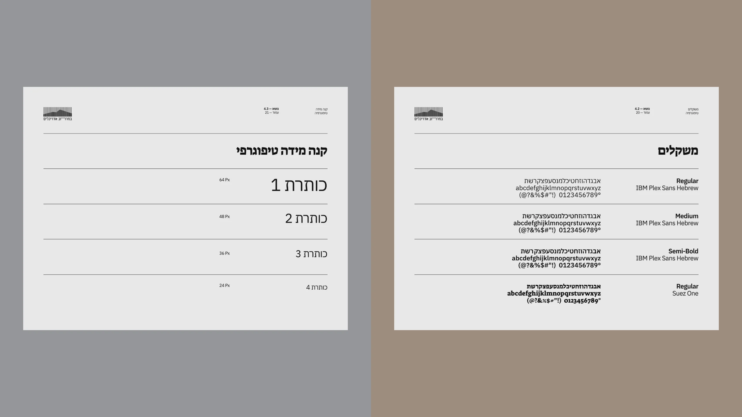 Two pages of the brand book on type: the weights, IBM Plex Sans Hebrew Regular, Medium and Semi-Bold, and Suez One, and the type scale from כותרת 1 to כותרת 4 (heading 1 to 4).